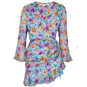 New Veronica Beard Sean Silk Size 2 Floral Wrap Minidress Ruched‎ Ruffle Hem